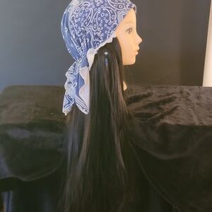 Blue Paisley Bandana Hat With Shiny Black Hair Attached.